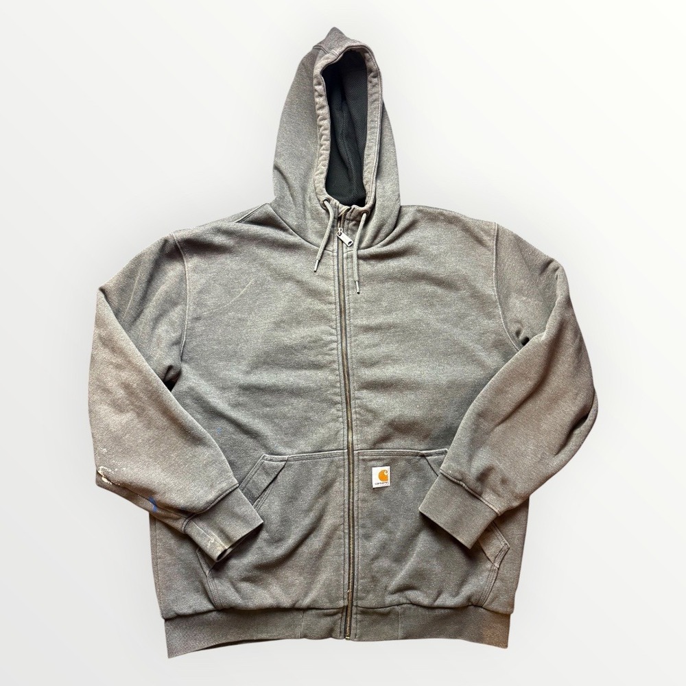 Carhartt Mens Loose Fit Full Zip Hoodie Gray Thermal Lined Hood Large Distressed